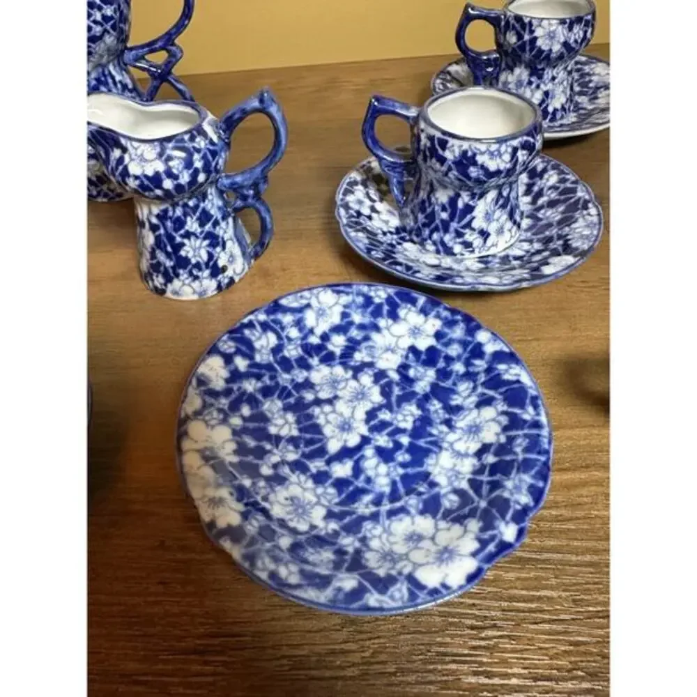 Victoria Ware Stoneware Small‎ Tea Cups Saucers Sugar Creamer Cobalt Flue Floral